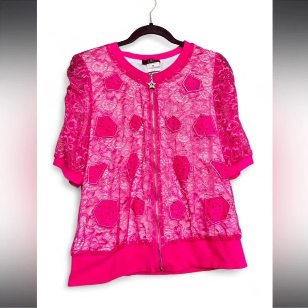 Hot Pink Y2K McBling Japanese Lace Zip-Front T-Shirt Cardigan - Picture 6 of 10